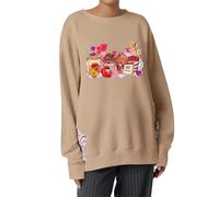 Generisch Día de San Valentín Estampado Floral Lateral Bordado Lazo Cuello Redondo Manga Larga Sudadera con Capucha para Mujer Chaquetas Geniales Para Adolescentes, caqui, M
