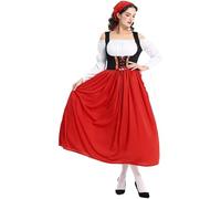 Generisch Dirndl Damen Midi Lang Trachtkleid mit Spitze Trachtenmode Inkl Dirndlbluse Dirndlschürze für Oktoberfest Kleider besondere Anlässe, rojo, XL
