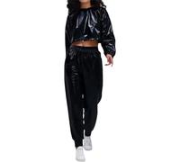 Generisch Disfraz de Alien para mujer, manga larga con purpurina, con capucha, brillante, metálico, crop top para correr, juego de 2 piezas, traje de astronauta con purpurina, disfraz de chica