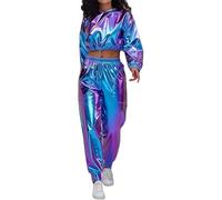 Generisch Disfraz de astronauta para mujer, disfraz de extranjero, manga larga, con purpurina, con capucha, chándal brillante metálico, pantalones de chándal de 2 piezas, para niña espacial, hip hop