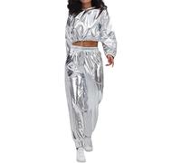 Generisch Disfraz de astronauta para mujer, disfraz de extranjero, manga larga, con purpurina, con capucha, chándal brillante metálico, pantalones de chándal de 2 piezas, para niña espacial, hip hop