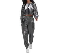 Generisch Disfraz de astronauta para mujer, disfraz de extranjero, manga larga, con purpurina, con capucha, chándal brillante metálico, pantalones de chándal de 2 piezas, para niña espacial, hip hop