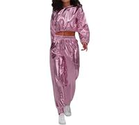 Generisch Disfraz de astronauta para mujer, disfraz de extranjero, manga larga, con purpurina, con capucha, chándal brillante metálico, pantalones de chándal de 2 piezas, para niña espacial, hip hop