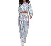 Generisch Disfraz de astronauta para mujer, disfraz de extranjero, manga larga, con purpurina, con capucha, chándal brillante metálico, pantalones de chándal de 2 piezas, para niña espacial, hip hop