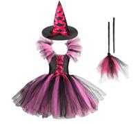 Generisch Disfraz de bruja para niña con sombrero de bruja, escoba y | Vestido de princesa de Halloween para fiestas de Halloween, fiestas de disfraces, carnaval, actuaciones teatrales y