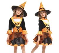 Generisch Disfraz de bruja para niña de Halloween, juego de vestido, sombrero de bruja, varita mágica, bolsa de caramelos y cesta de calabaza, mezcla de algodón suave, cómodo y elegante, disfraz para