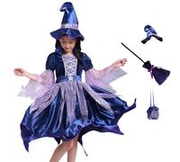 Generisch Disfraz de bruja para niña de Halloween, juego de vestido, sombrero de bruja, varita mágica, bolsa de caramelos y cesta de calabaza, mezcla de algodón suave, cómodo y elegante, disfraz para