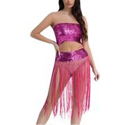 Generisch Disfraz de danza del vientre, disfraz de jazz sexy, tubo de acero, falda de danza con borlas, disfraz de rendimiento 1, Rosa intenso., talla única
