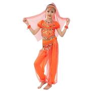 Generisch Disfraz de danza india con personalidad para niñas, danza del vientre, conjunto de malla de lentejuelas, naranja, 5-6 años