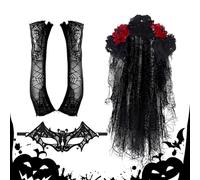 Generisch Disfraz de Día de - Encaje de 77,5 cm | Rim Reaper Costume with Floral Headdress, Halloween Set, Day of the Dead Lace Gloves | Festival, Cosplay Use