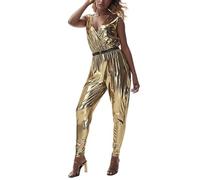 Generisch Disfraz de discoteca para festival de música, fiesta rave, retro, estilo hippie, cosplay, con cuello en V, corbata, sombrero, traje dorado de una pieza para mujer (dorado, M)