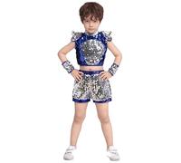 Generisch Disfraz de escenario brillante para niños, ideal para niñas y niños, perfecto para espectáculos de baile, espectáculos glamorosos con diseño de purpurina brillante (azul, 7-8 años)