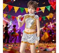 Generisch Disfraz de escenario brillante para niños, niñas, espectáculos de baile, espectáculos glamorosos, diseño brillante (amarillo, 9-10 años)