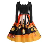 Generisch Disfraz de Halloween para mujer, manga larga, cuello cuadrado, Halloween, años 50, ama de casa, noche, fiesta, graduación, fiesta, vestido de playa, amarillo, 3XL