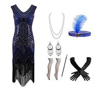 Generisch Disfraz de los años 20 para mujer, vestido charlestón, elegante atuendo vintage en estilo Twenties con boa de plumas, tocado, collar de perlas y clutch como disfraz art deco para mujer, azul