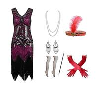 Generisch Disfraz de los años 20 para mujer, vestido charlestón, elegante atuendo vintage en estilo Twenties con boa de plumas, tocado, collar de perlas y clutch como disfraz art deco para mujer, Rosa