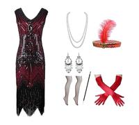 Generisch Disfraz de los años 20 para mujer, vestido charlestón, elegante atuendo vintage en estilo Twenties con boa de plumas, tocado, collar de perlas y clutch como disfraz art deco para mujer, rojo