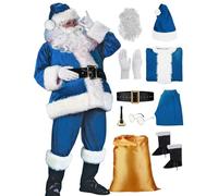 Generisch Disfraz de Papá Noel de 10 piezas para fiestas festivas, actuaciones en escenarios, obras de teatro con accesorios, juego completo para hombre, ideal para celebraciones de temporada (azul