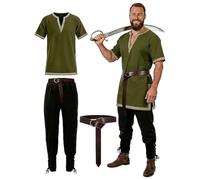 Generisch Disfraz de pirata para hombre, ropa medieval, juego de disfraz renacentista, manga corta, túnica, pantalón con accesorios, para adultos, vikingos, caballeros vikingos, traje romano, verde, S