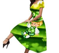 Generisch Disfraz de San Patricio Día de las Mujeres Primavera Verano Temperamento de Moda Elegante Tema Verde Impreso Cuello Redondo Manga Corta Vestido Casual Largo Falda 9, verde menta, L