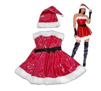 Generisch Disfraz de Santa | Vestido de Navidad | Vestido de Santa para mujer | Piel sintética con purpurina con sombrero y cinturón negro, para fiestas de vacaciones, cosplay y traje inusual