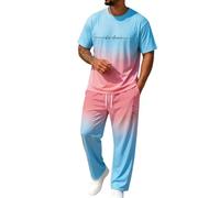 Generisch Dos piezas con camisa de manga corta Pantalones de estilo ciudad con estampado de letras para hombre Conjunto informal para actividades deportivas en primavera, azul celeste, L
