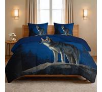 Generisch Edredón de 155 x 220 cm, animales salvajes, para todo el año, edredón para 4 estaciones, lobo, luz de luna, rocas, árboles, cielo nocturno, lavable, reversible, sin funda, edredón con 2