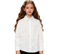 Generisch Elegante blusa para niña con pajarita de manga larga con detalle de volantes, cómoda pieza de capa para la escuela, el día a día, adecuada para niños pequeños y grandes, Blanco, 13-14 años