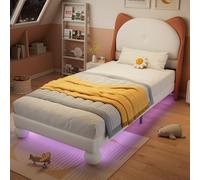 Generisch Elegante cama tapizada con cabecero de orejas de gato e iluminación LED RGB, colores personalizables, somieres de láminas resistentes, funda de poliuretano, color beige/amarillo-marrón, 90 x