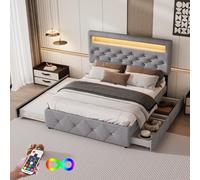 Generisch Elegante cama tapizada de 140 x 200 cm con tira de luz LED, 2 cajones y cama nido - Moderna cama con pedestal en gris/beige para un dormitorio elegante y que ahorra espacio