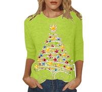 Generisch Elegante camiseta de mujer a juego con estampado navideño, cuello redondo, tira de botones, tres mangas, atuendo de negocios para mujer, amarillo, XL