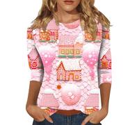 Generisch Elegante camiseta de mujer a juego con estampado navideño, cuello redondo, tira de botones, tres mangas, tallas grandes, rojo, XXL