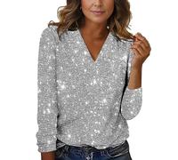 Generisch Elegante camiseta de mujer con cuello en V de lentejuelas, elegante, monocolor, manga larga, túnica para mujer, tallas grandes, gris, L