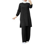 Generisch Elegante conjunto musulmán de dos piezas para mujer blusa de manga larga con botones pantalones anchos Abaya ropa casual estilo Dubai, Negro , 3XL
