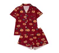 Generisch Elegante Halloween con estampado para mujer, parte superior de manga corta con cuello de solapa, pantalones cortos a juego, conjunto acogedor para noches relajadas, sueño reparador, ideal