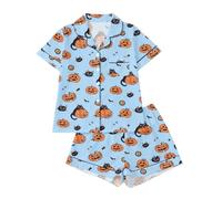 Generisch Elegante Halloween con estampado para mujer, parte superior de manga corta con cuello de solapa, pantalones cortos a juego, conjunto acogedor para noches relajadas, sueño reparador, ideal
