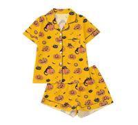 Generisch Elegante Halloween con estampado para mujer, parte superior de manga corta con cuello de solapa, pantalones cortos a juego, conjunto acogedor para noches relajadas, sueño reparador, ideal