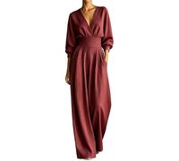 Generisch Elegante mono de manga larga de color liso con cuello en V entallado para ocasiones festivas vacaciones, rojo, S