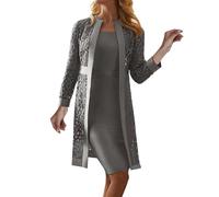 Generisch Elegante traje de dos piezas para mujer, vestido de noche, vestido de noche, vestido de fiesta sin mangas, con cuello redondo, largo hasta la rodilla, vestido de cóctel, encaje, cárdigan de