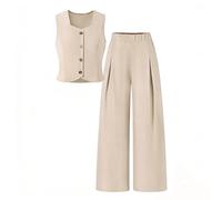 Generisch Elegante traje de verano con chaleco y pantalón de pierna ancha para niñas altas, estilo coreano, informal, de dos piezas, para estudiantes, caqui, 10-11 años