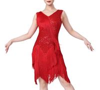 Generisch Elegante vestido de actuación escénica con lentejuelas brillantes y flecos para concursos de baile latino en salón de baile y fiestas, rojo, L