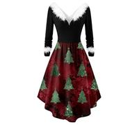 Generisch Elegante vestido de fiesta de manga larga con cuello fluido, informal, para reuniones festivas, Vino, 3XL