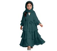 Generisch Elegante vestido de gasa de tres capas con cintura y pañuelo para la cabeza para niñas a las que les gusta en ocasiones festivas, Verde oscuro., 13-14 años