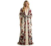 Generisch Elegante vestido de mañana floral de manga larga, suave y cómodo, ideal para uso doméstico o informal, con bolsillos., Blanco, 4XL