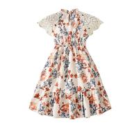 Generisch Elegante vestido de verano de encaje para niñas con estampado floral monocolor, escote francés de manga corta, Blanco, 10-11 años