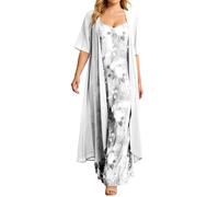 Generisch Elegante vestido de verano sin mangas con estampado floral transparente de gasa para traje informal de dos piezas, Blanco, 3XL