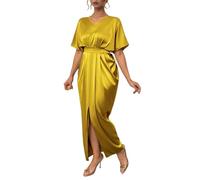 Generisch Elegante vestido largo de satén con cuello en V y cintura envolvente, vestido largo de fiesta para noche, baile de graduación, vacaciones, uso informal, amarillo, L