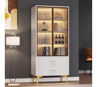 Generisch Elegante vitrina de cristal con iluminación LED, 2 puertas de cristal de color té y 2 cajones, 70 x 35 x 150 cm, patas doradas, 3 estantes ajustables, gestión de cables, armario alto para