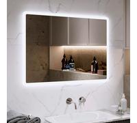 Generisch Espejo de baño con iluminación, 80 x 60 cm, cuadrado, LED, espejo de baño con antivaho, altavoz Bluetooth, reloj y indicador de temperatura, 3 colores de luz regulable con sensor de