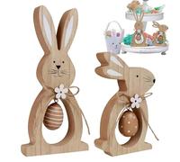 Generisch Estatuas de conejo de madera natural - Adorno festivo dúo para escritorio con detalles shabby chic, accesorios interiores para chimenea, acentos del hogar, colección de arte